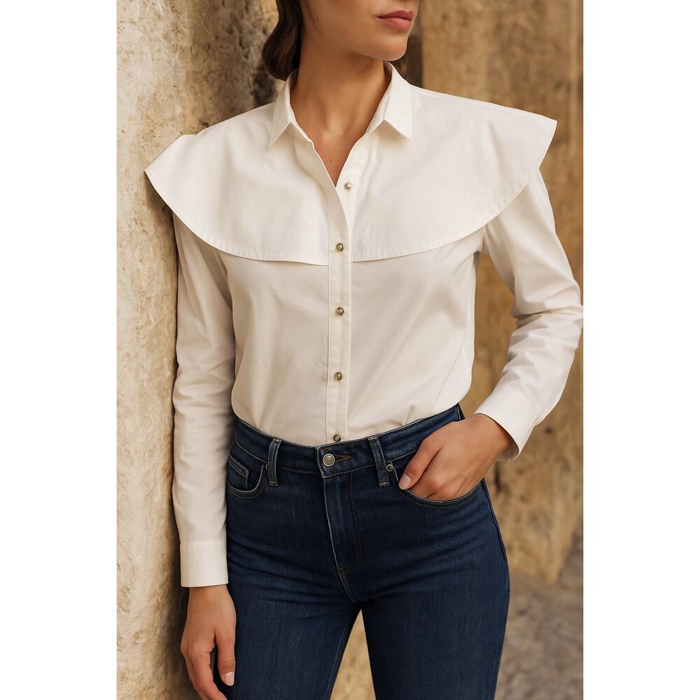 Nina Blanc Classic White Chemise Button Down Shirt with Wide Collar size Small